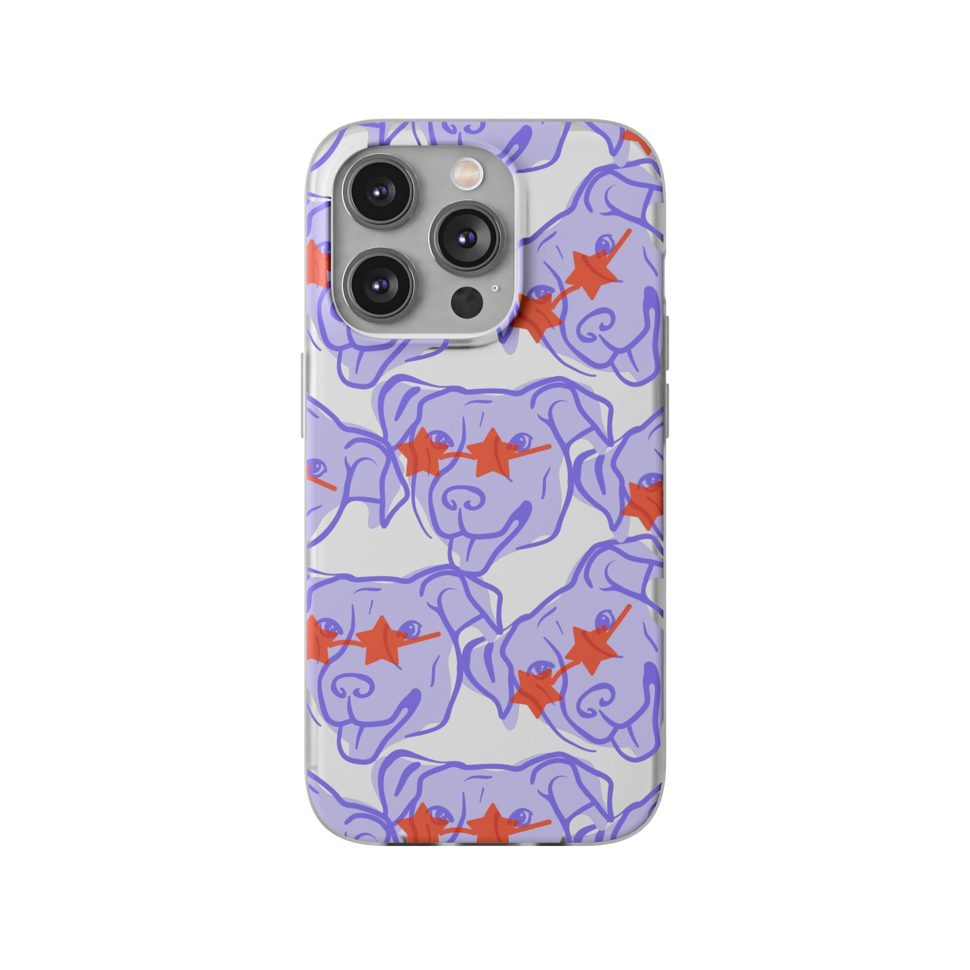 Puppy Sunglasses Flexi Case for iPhone 14 Pro 3 camera, gray phone and standing up