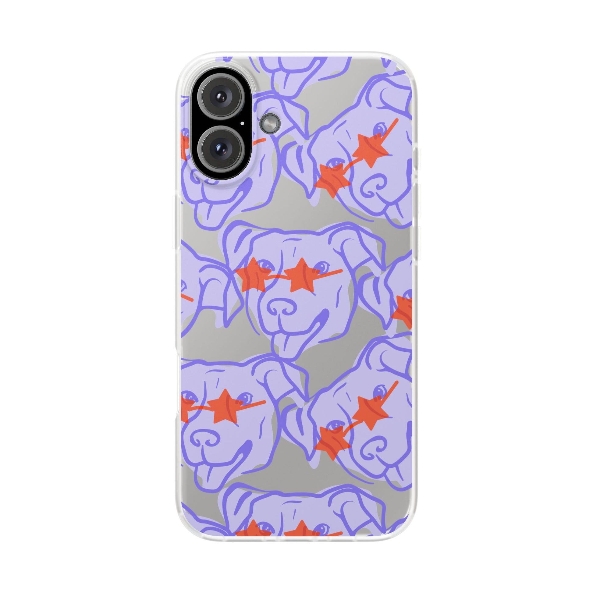 Puppy Sunglasses Flexi Case for iPhone 16 with red glasses and transparent silicone case