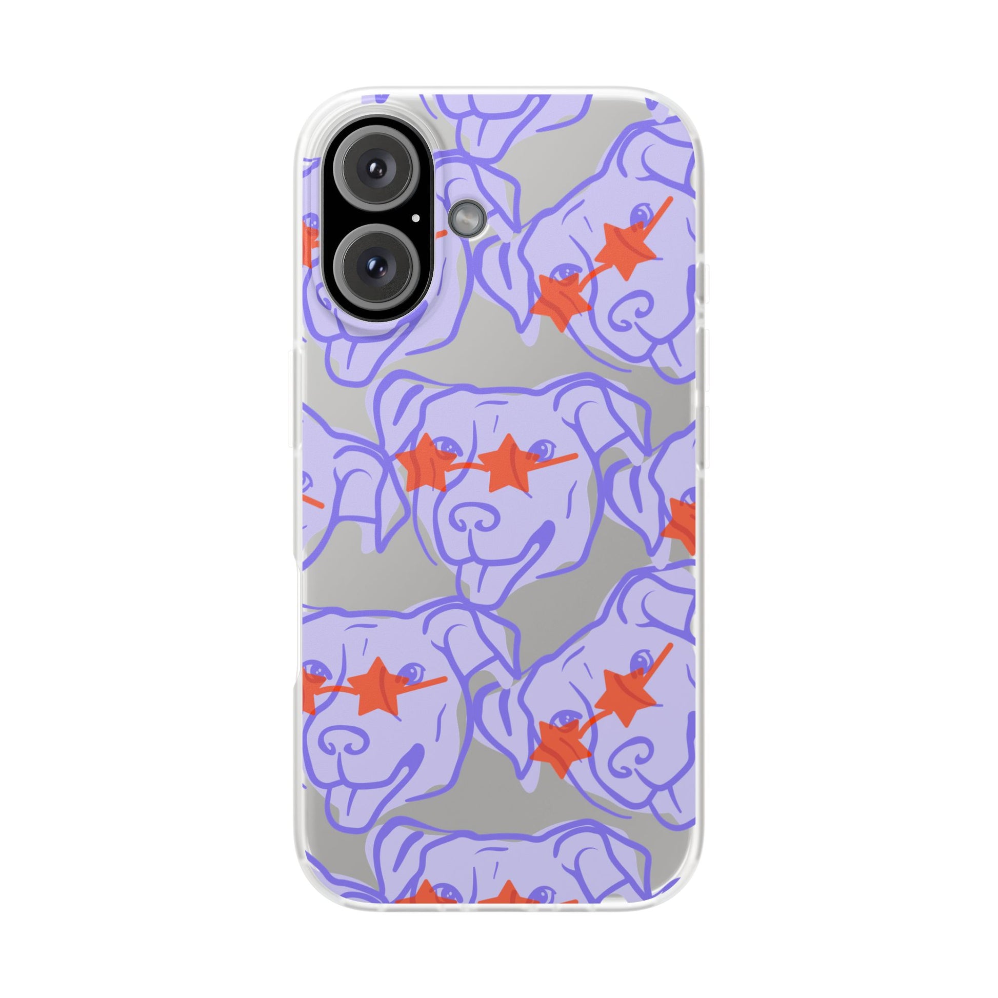 Puppy Sunglasses Flexi Case for iPhone 16 Plus smiling purple dog with red glasses and star sunglasses