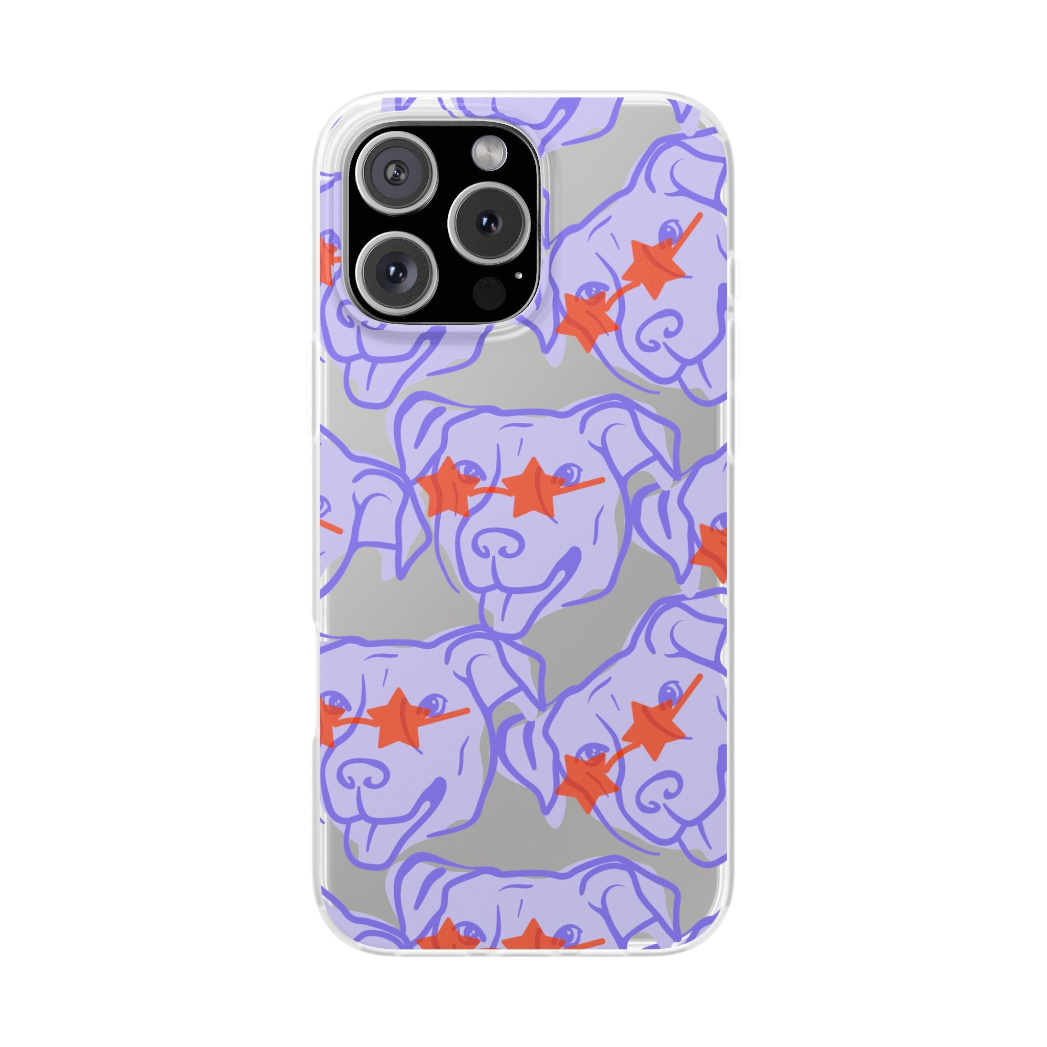 Phone case for iPhone 16 Pro Max with purple dog illustrations and red stars on a gray background