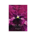 Memorial card with purple flower design and text on a white background