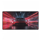 Car in a tunnel with red and blue light effects on a white background