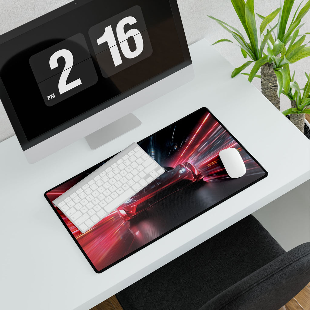 Desk setup with a computer, keyboard, mouse, and large desk mat featuring a red vehicle design.