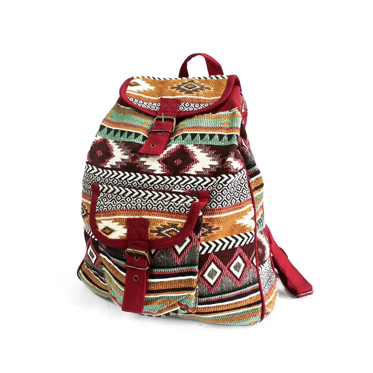 Multicolored patterned Red Backpack Jacquard Bag with red accents on a white background