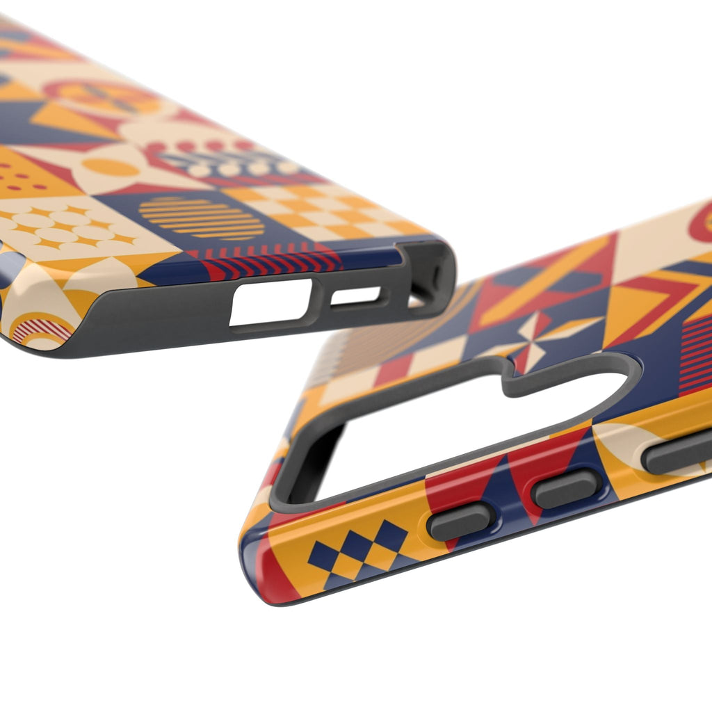 Retro Mosaic Tough Samsung Phone Case for Samsung Galaxy S25 Ultra showing the sides and buttons - show casing the quality of the phone case's material and quality with geometric shapes, bold lines, and playful colour blocks design.