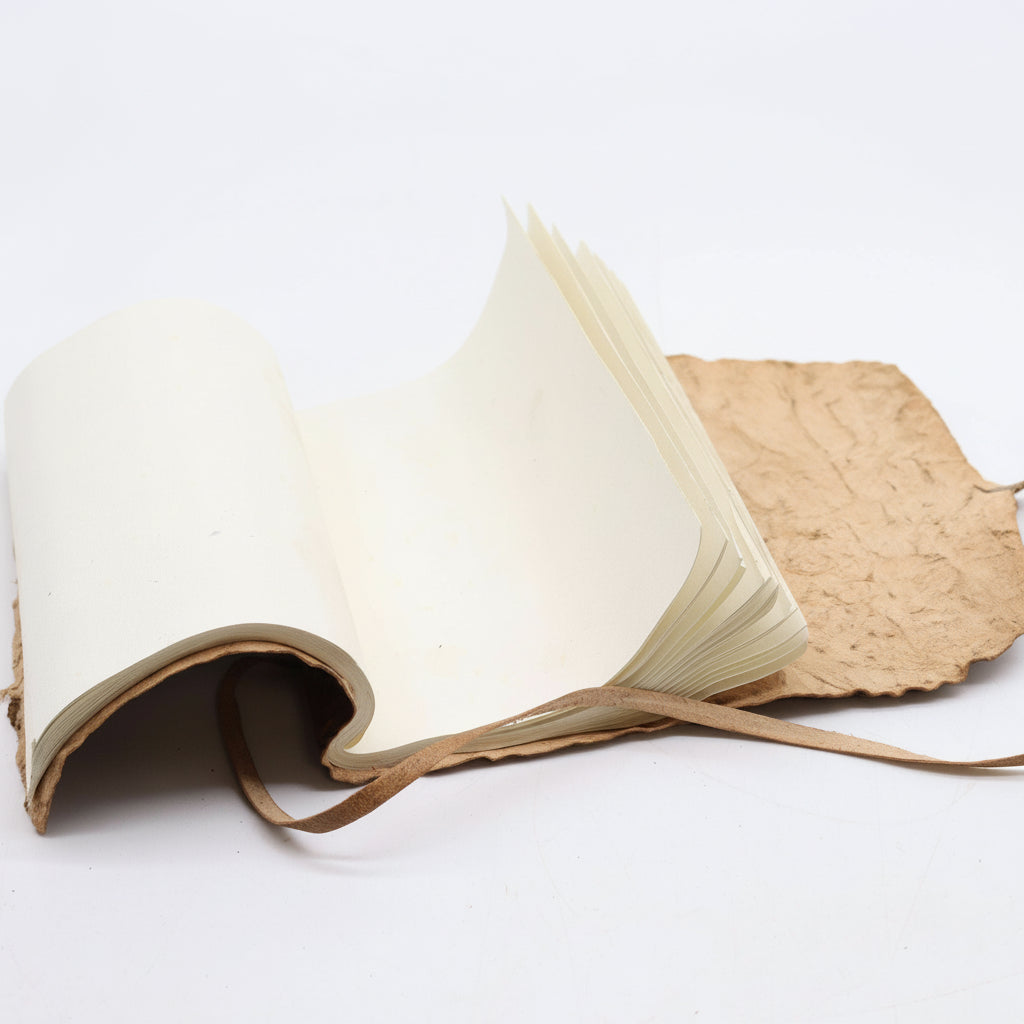 Rolled Leather Notebook – Natural Tan | Handcrafted A5 Journal (96 Pages) open book with natural paper and leather binding on a white background