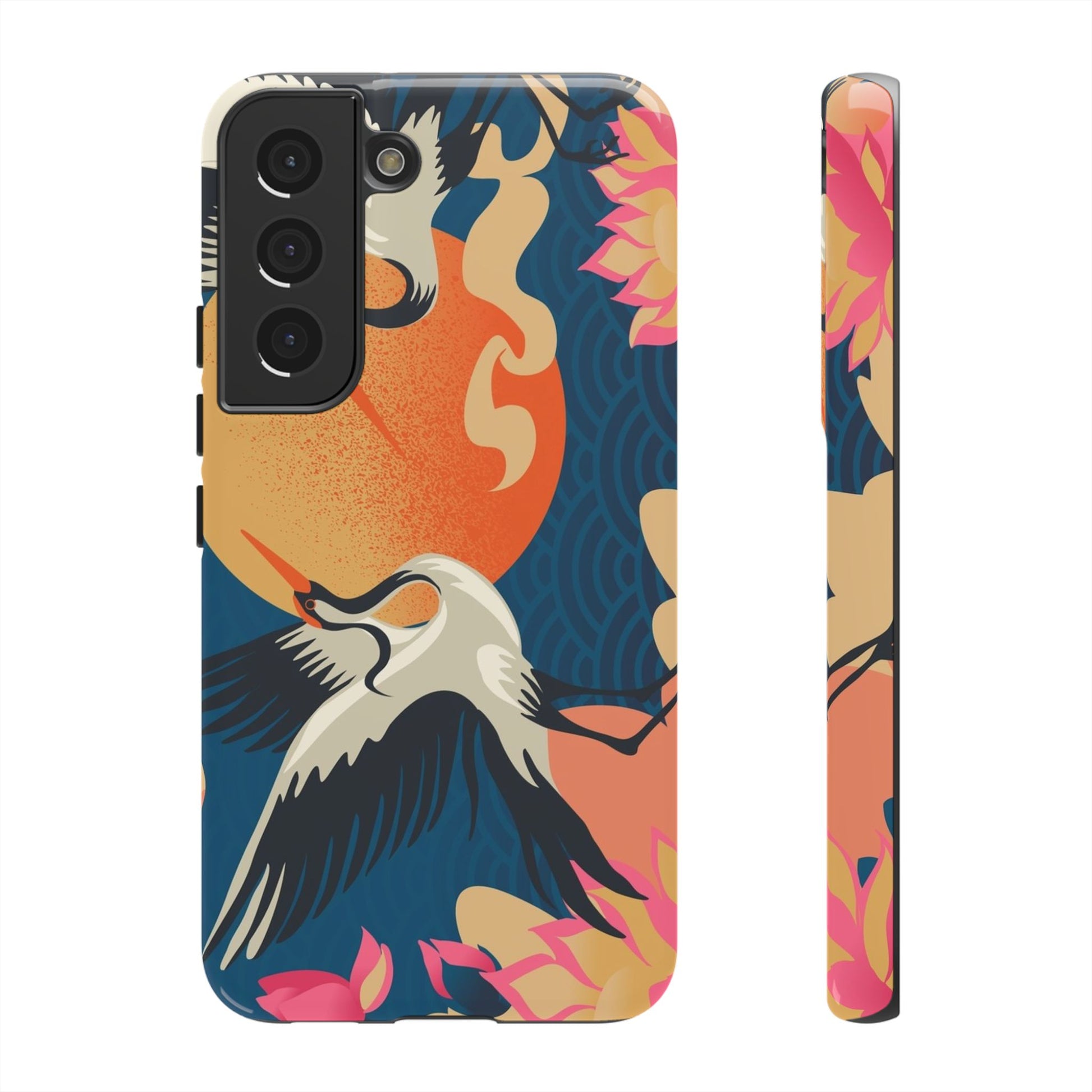 Elevate your phone style with the Sunset Crane Flight Tough Case for Samsung Galaxy. Featuring a bold crane mid-flight across a glowing orange sun, this design is inspired by traditional Japanese motifs. With soft lotus blossoms and deep blue waves, this case offers both vibrant art and reliable dual-layer protection for your device.