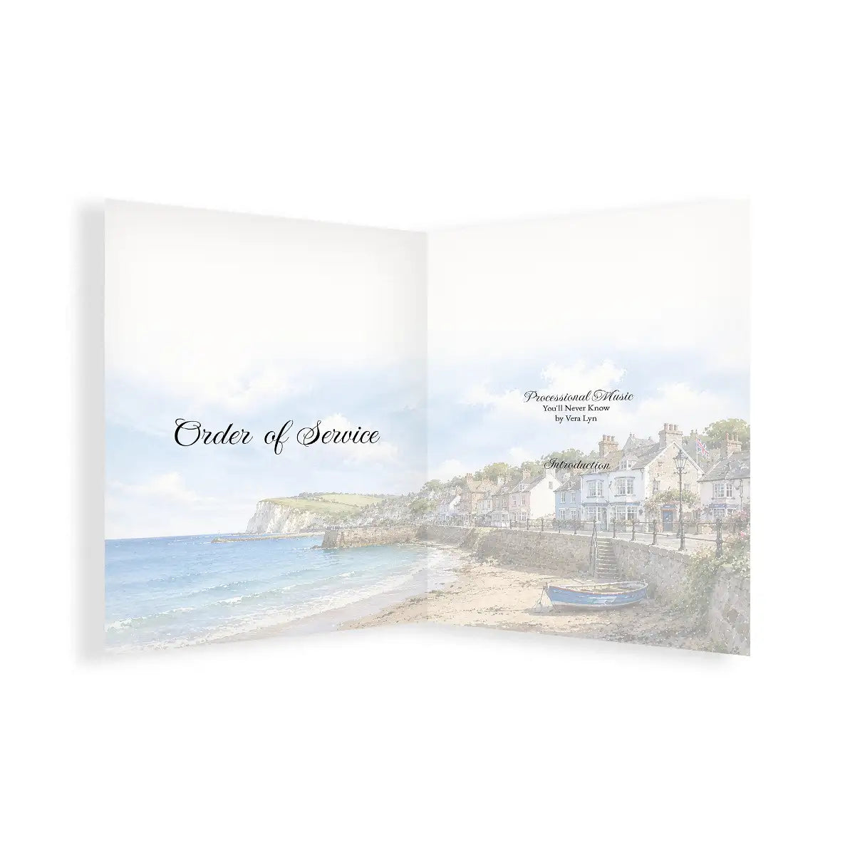 Order of Service with coastal scene and building, on a white background
