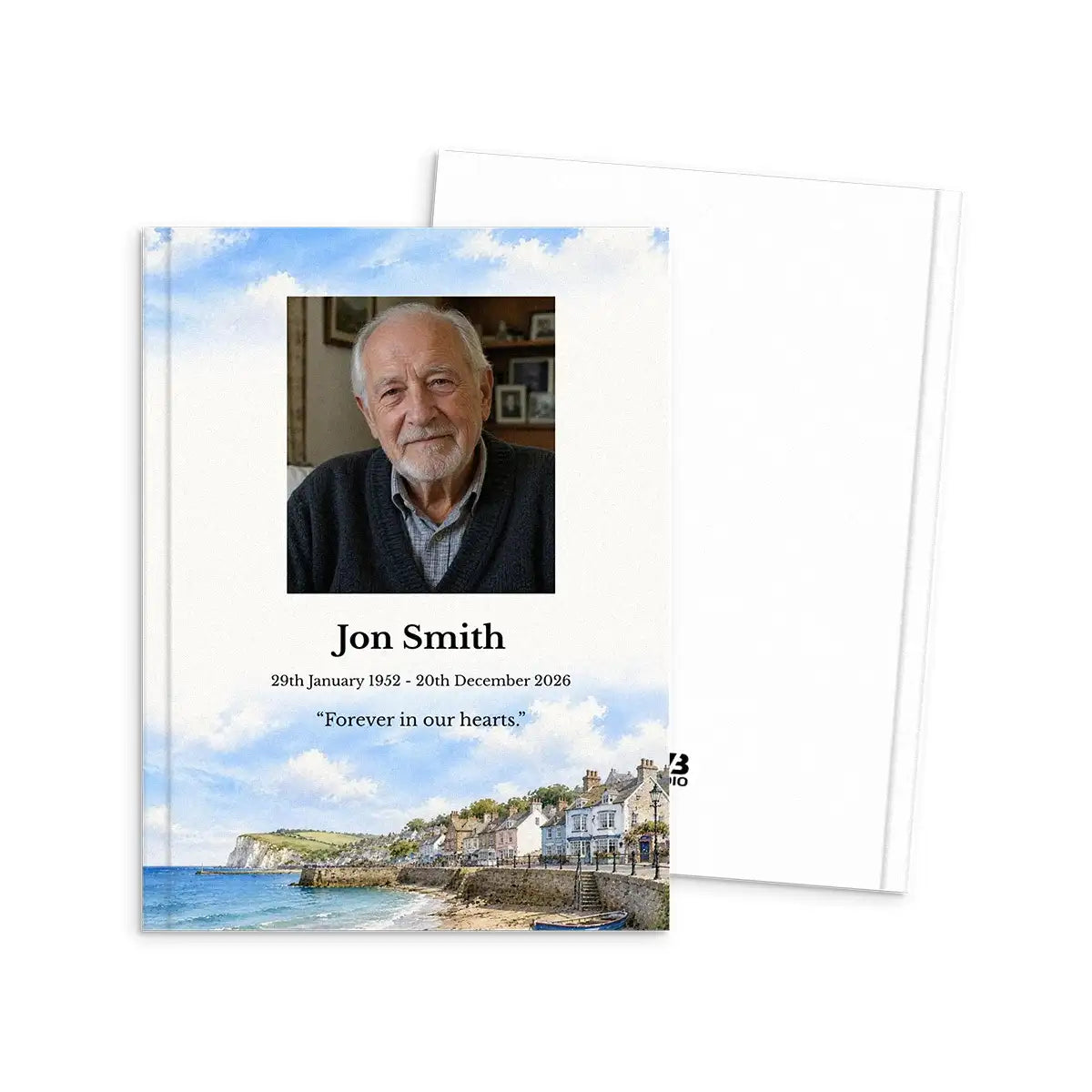 Memorial card with a photo of an elderly man and a scenic coastal town by MVB STUDIO
