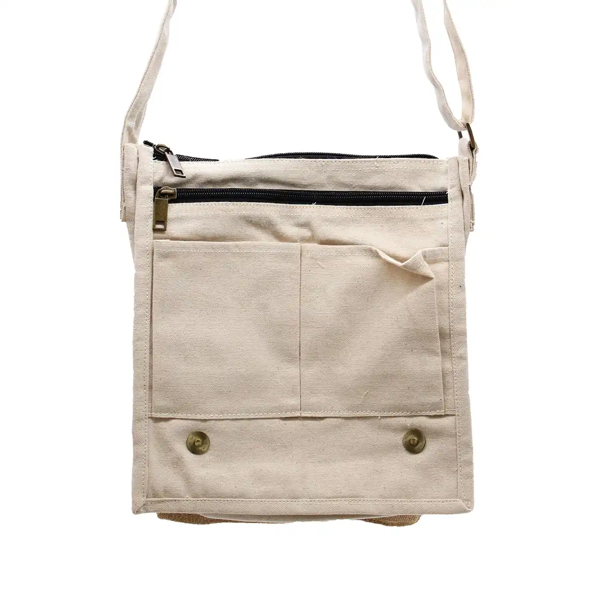 Soft Cotton & Jute Canvas Messenger Bag insides - Beige crossbody bag with black zipper on a white background