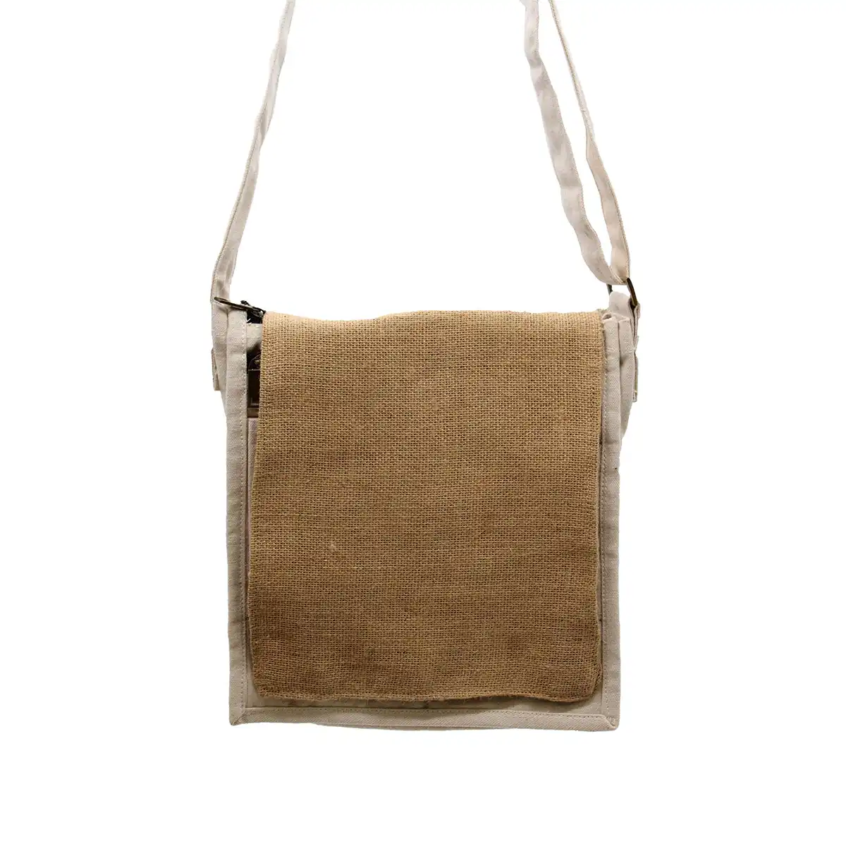 Soft Cotton & Jute Canvas Messenger Bag - crossbody bag with brown fabric front panel and beige strap on a white background