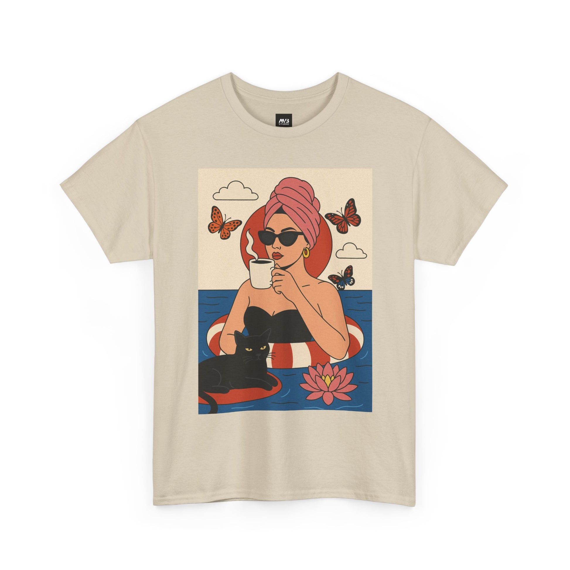 Beige t-shirt with a graphic of a woman, cat, and butterflies on a white background