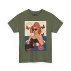 Green t-shirt with a graphic of a woman in a pool, cup, and black cat on a white background