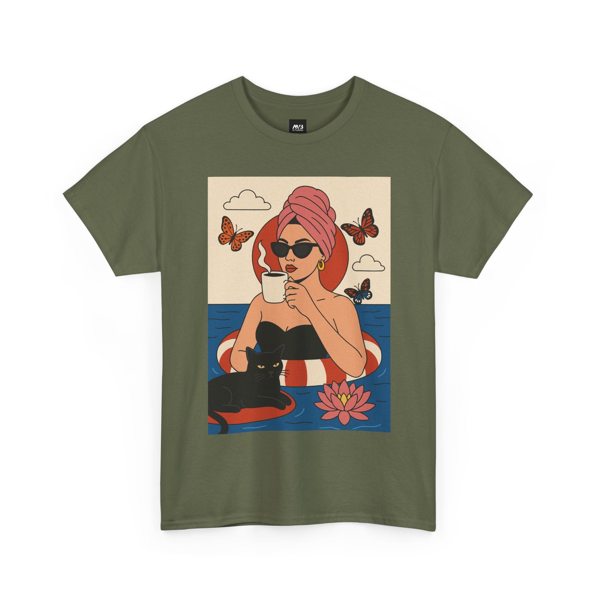 Green t-shirt with a graphic of a woman in a pool, cup, and black cat on a white background