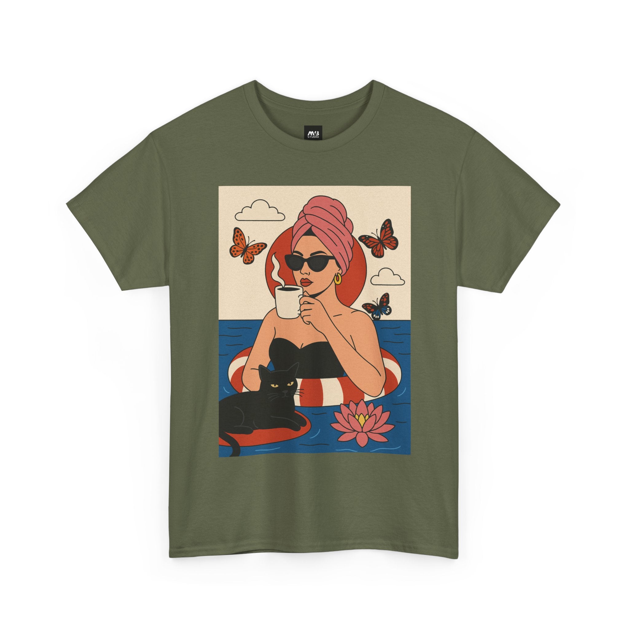 Green t-shirt with a graphic of a woman in a pool, cup, and black cat on a white background
