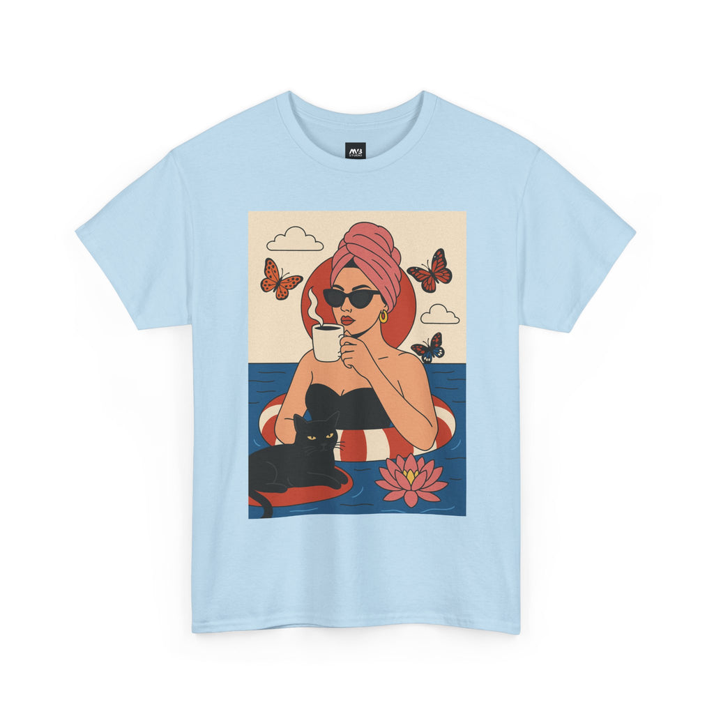 Light blue t-shirt with a graphic of a woman with a towel on her head, a cup, and a black cat on a white background.