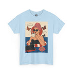 Light blue t-shirt with a graphic of a woman with a towel on her head, a cup, and a black cat on a white background.