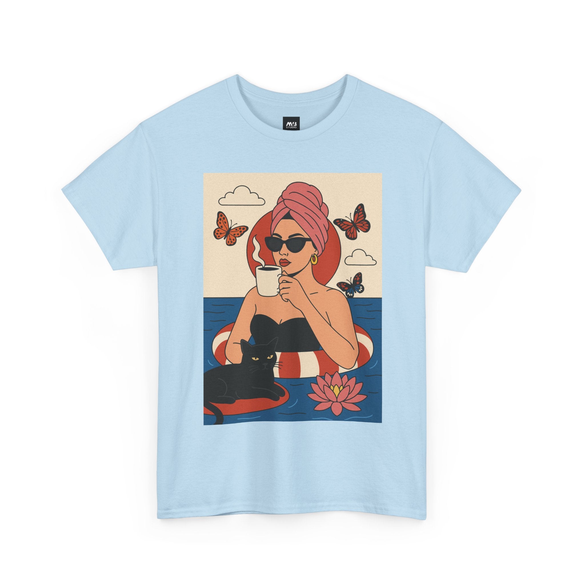 Light blue t-shirt with a graphic of a woman with a towel on her head, a cup, and a black cat on a white background.