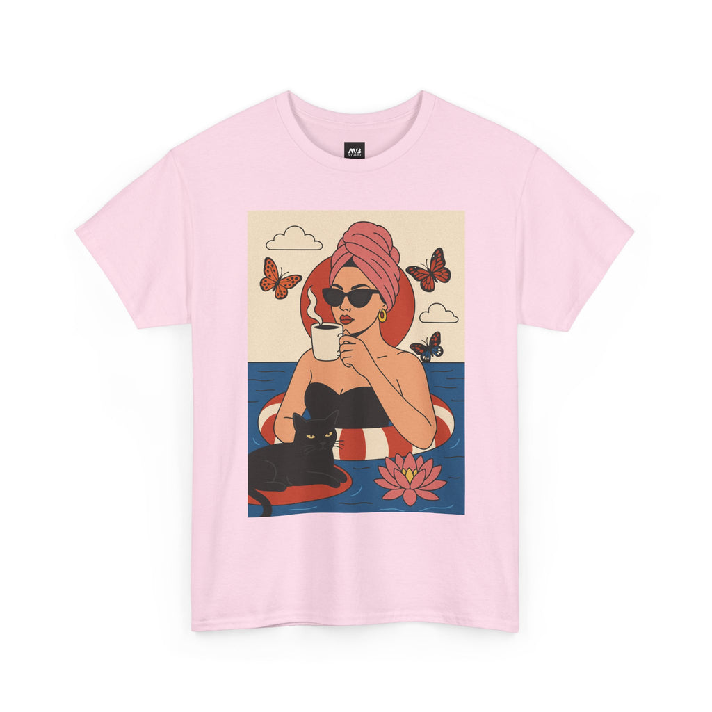 Pink t-shirt with a graphic of a woman, cat, and butterflies on a white background