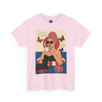 Pink t-shirt with a graphic of a woman, cat, and butterflies on a white background