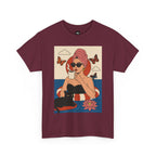 Maroon t-shirt with a graphic of a woman in a swimsuit, black cat, and butterflies on a white background.