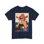 Navy blue t-shirt with a colorful graphic of a woman in a pool, surrounded by butterflies and a black cat.