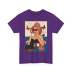 Purple t-shirt with a graphic of a woman in a pool, surrounded by butterflies and a black cat.
