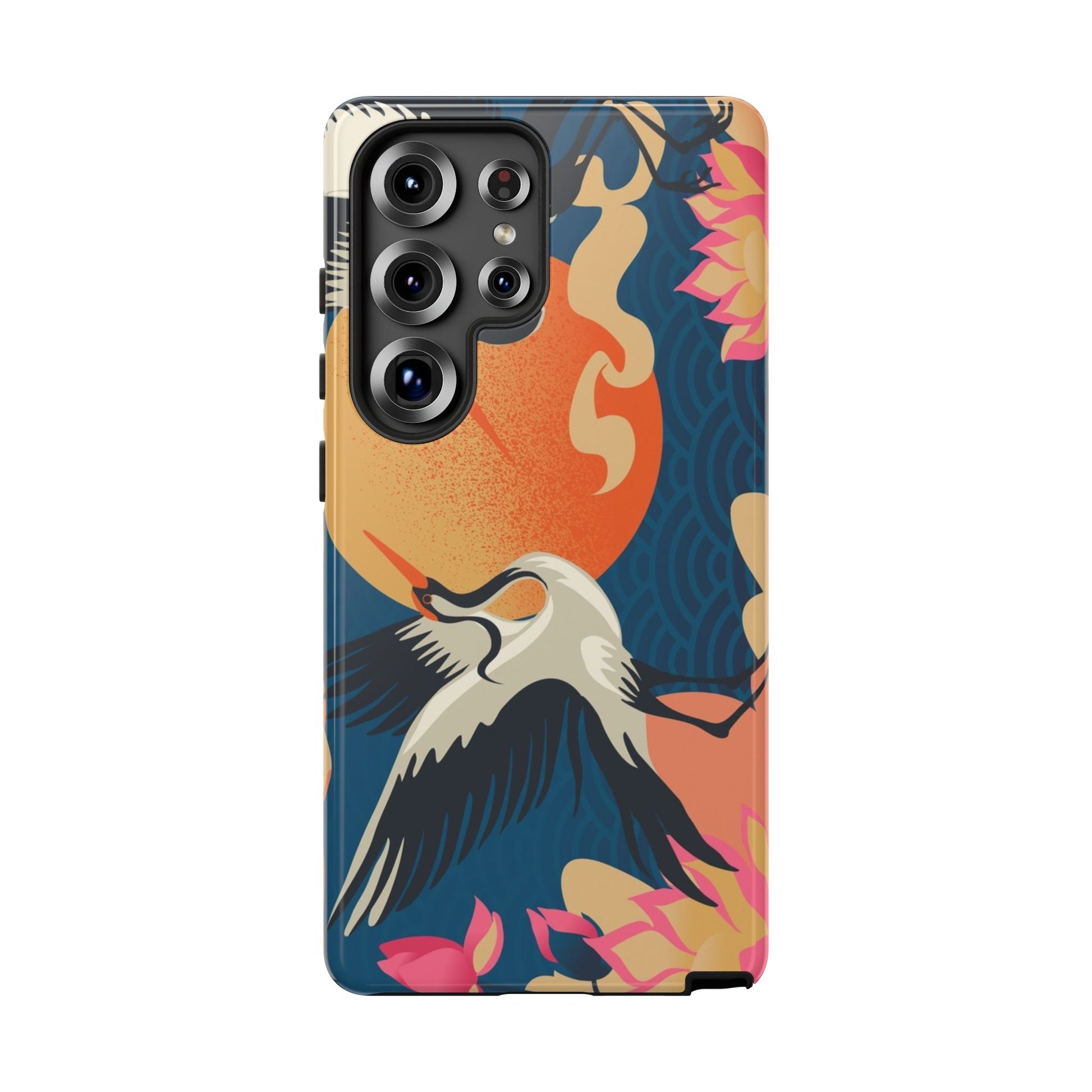 Samsung phone case featuring a bold crane flying across a vivid orange sunset with lotus flowers and wave patterns on a deep blue background.