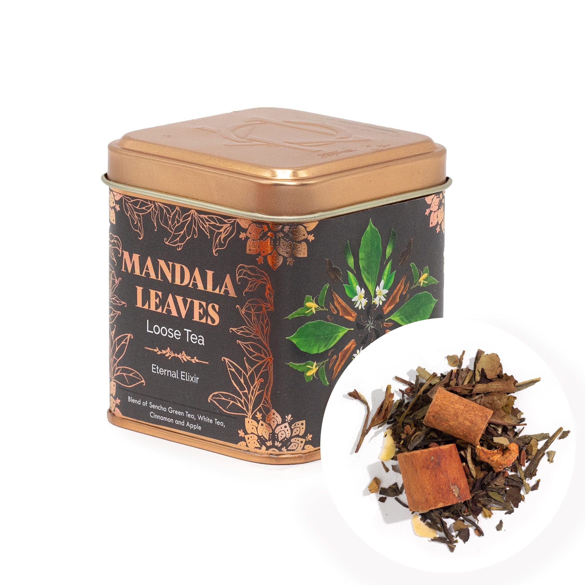 Tea with Sencha, White Tea & Cinnamon - 50g canister labelled 'Mandala Leaves' with loose tea leaves displayed on a white background