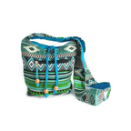 Colorful patterned Teal Sling Jacquard Bag with a strap on a white background