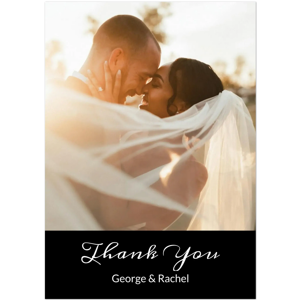 Couple embracing under a veil with 'Thank You George & Rachel' text at the bottom.