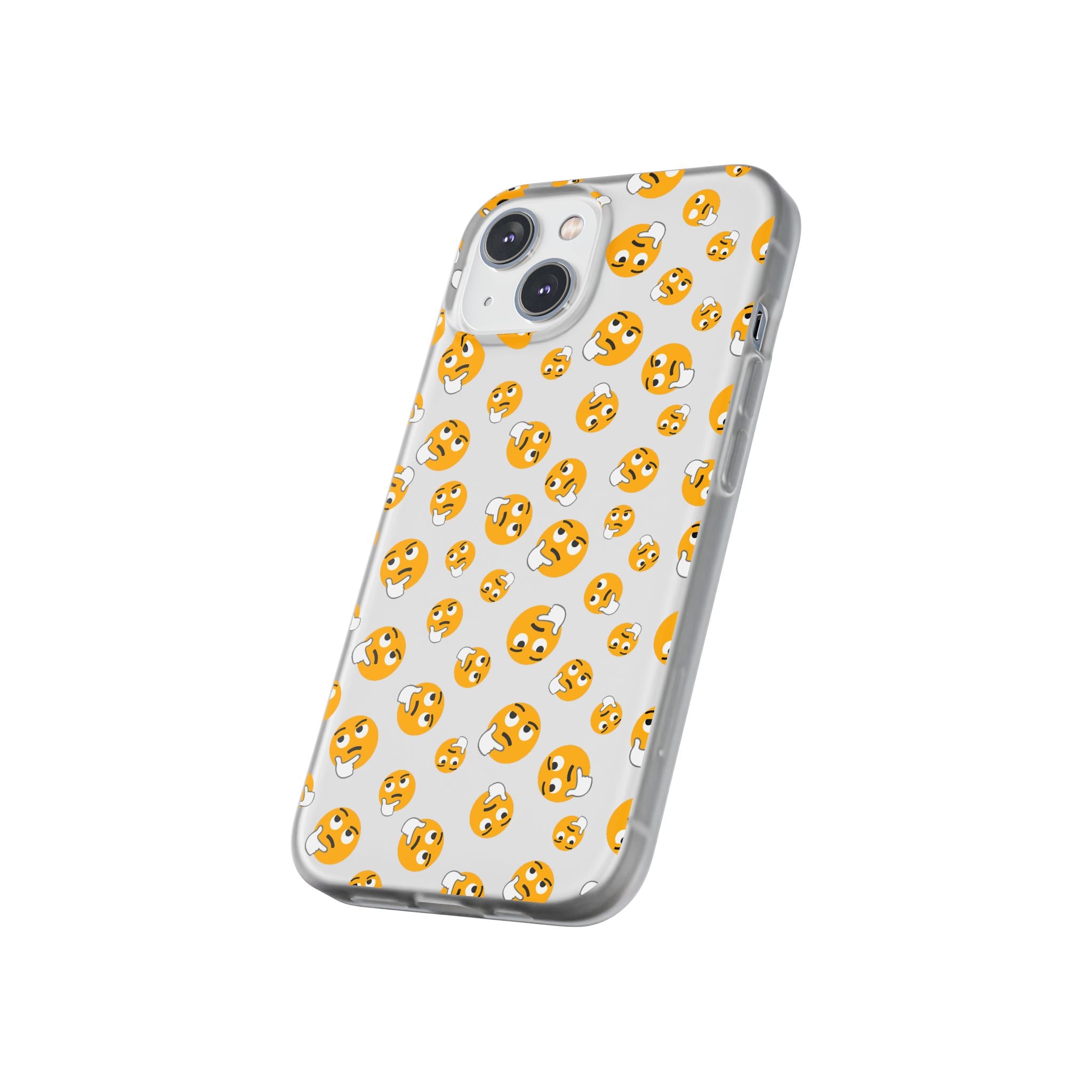 Thinking Emoji Buzz Soft Flexi Case - iPhone 14 with yellow ghost pattern on a white background