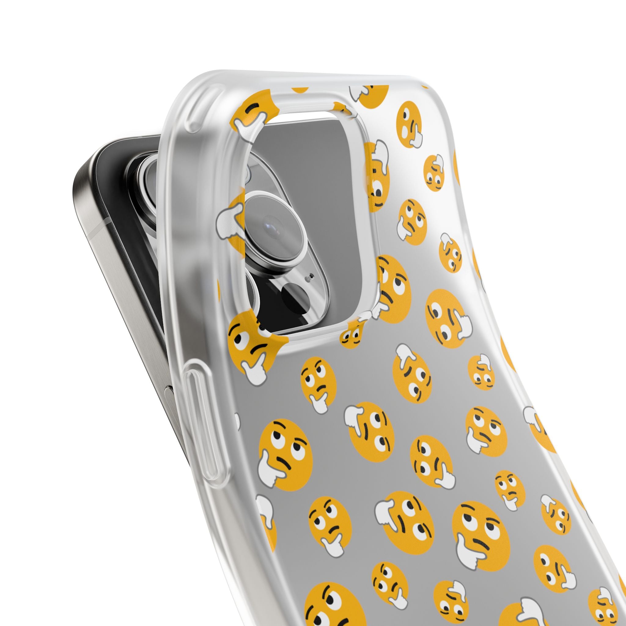 Thinking Emoji Buzz Soft Flexi Case - iPhone 16 Pro peeling the case to show the flexibility and ease of removing the case