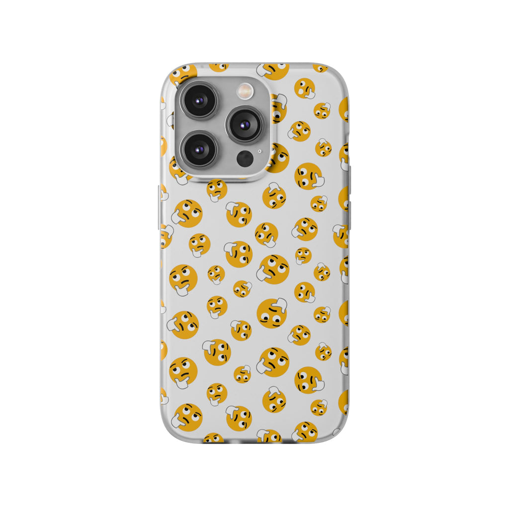 Thinking Emoji Buzz Soft Flexi Case - iPhone 14 Pro with yellow emoji pattern on a white background