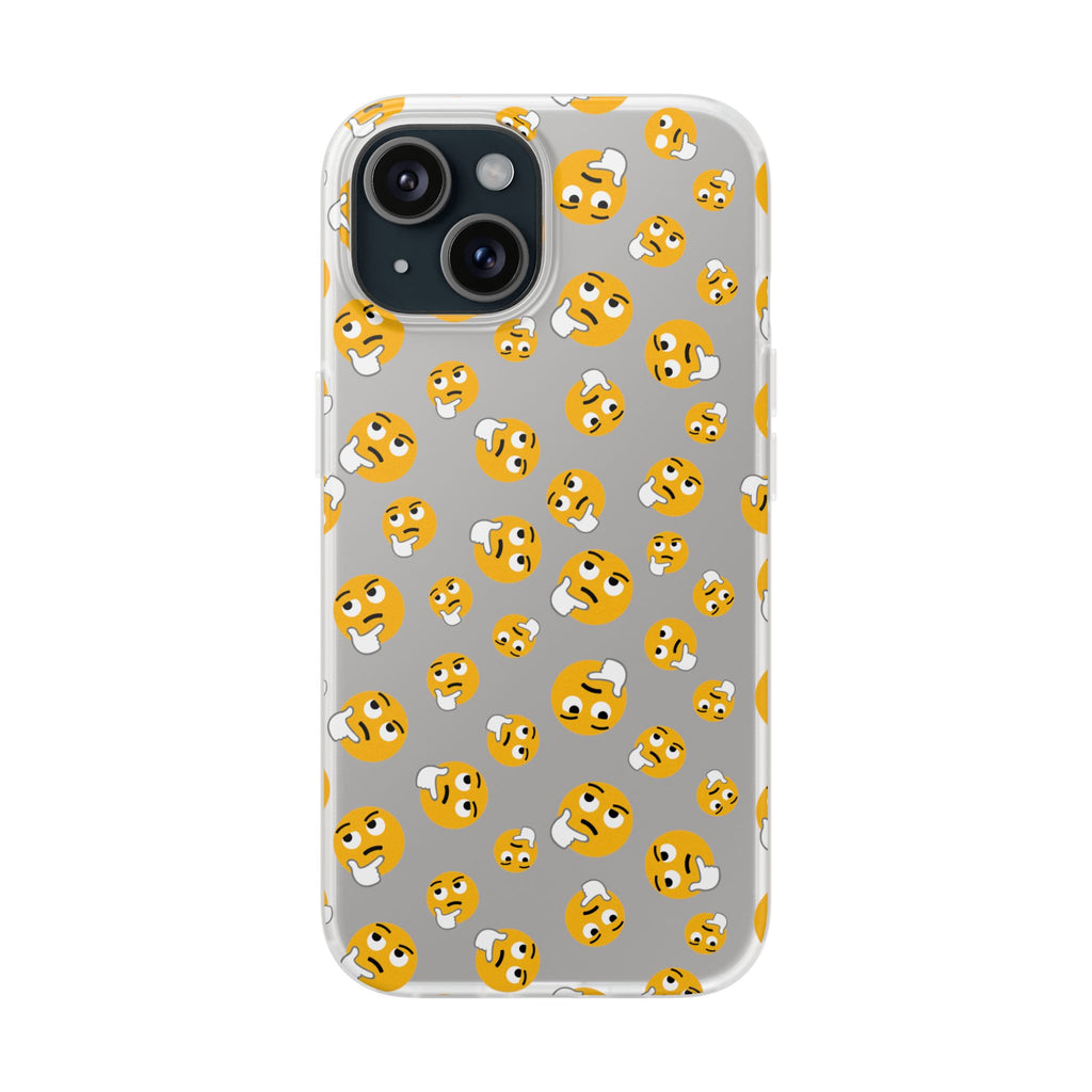 Thinking Emoji Buzz Soft Flexi Case for iPhone 15 with yellow emoji patterns