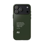 Thousand Miles Journey Tough Phone Case for iPhone 17 pro max with Lao Tzu quote and MVB Studio logo on a white background