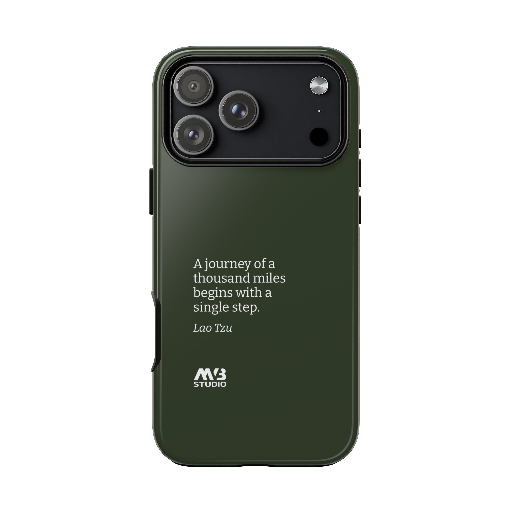 Thousand Miles Journey Tough Phone Case for iPhone 17 pro max with Lao Tzu quote and MVB Studio logo on a white background