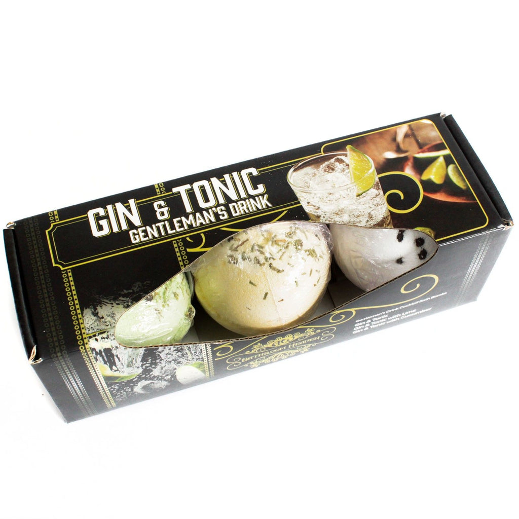 Box of bath bombs with 'Gin & Tonic' theme on a white background