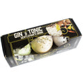 Box of bath bombs with 'Gin & Tonic' theme on a white background