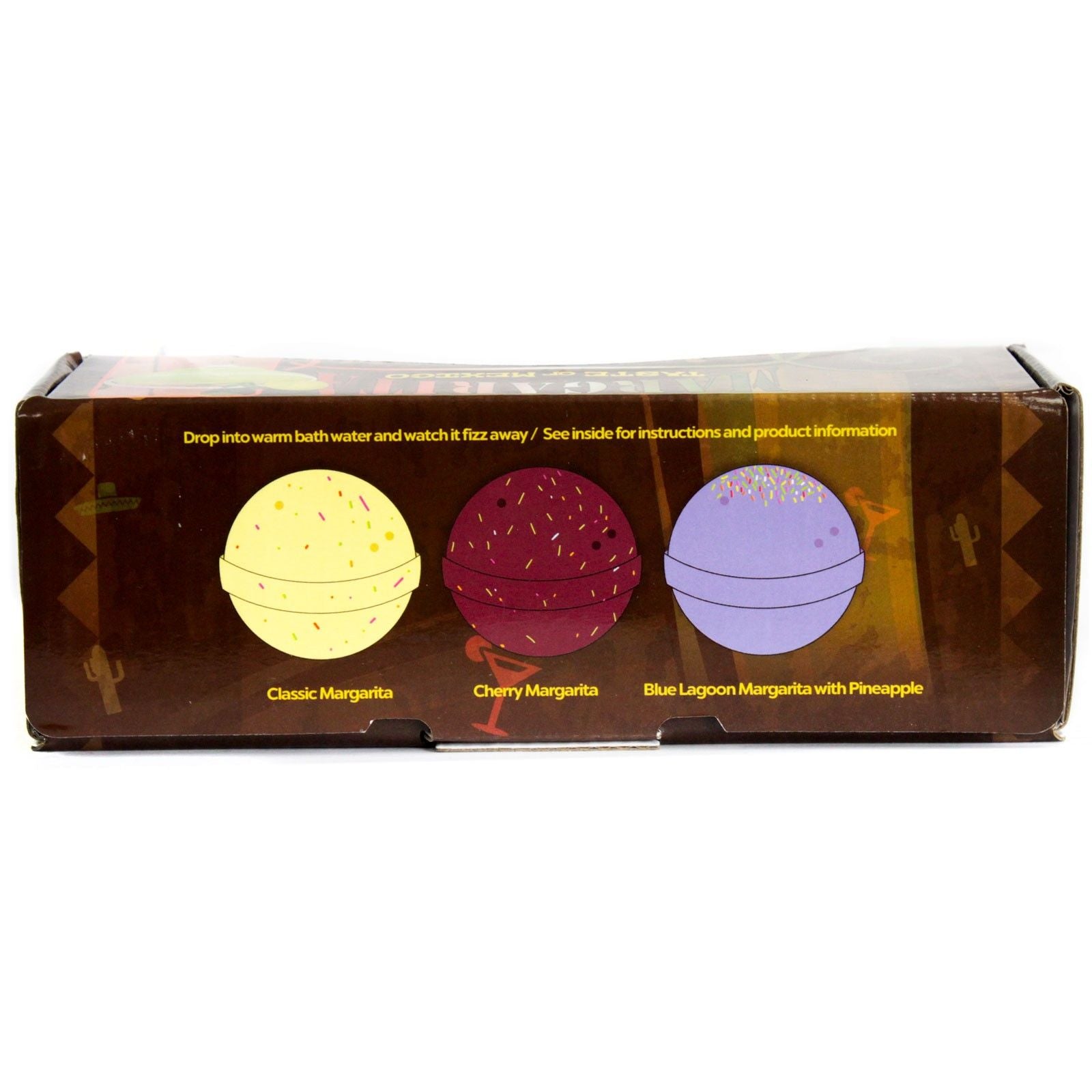 Box of bath bombs with colorful spheres and text on a white background
