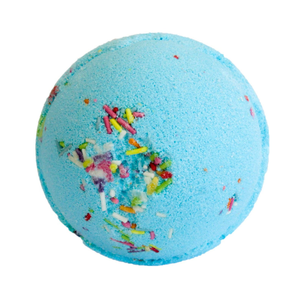 Blue bath bomb with colorful sprinkles on a white background