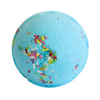 Blue bath bomb with colorful sprinkles on a white background