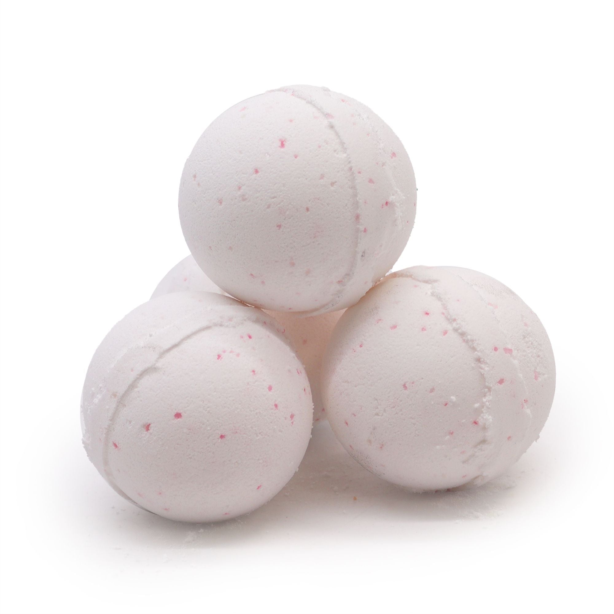 Three white bath bombs with red specks on a white background