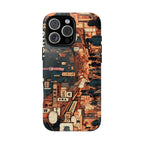 Phone case with vintage bookshelf design on a white background