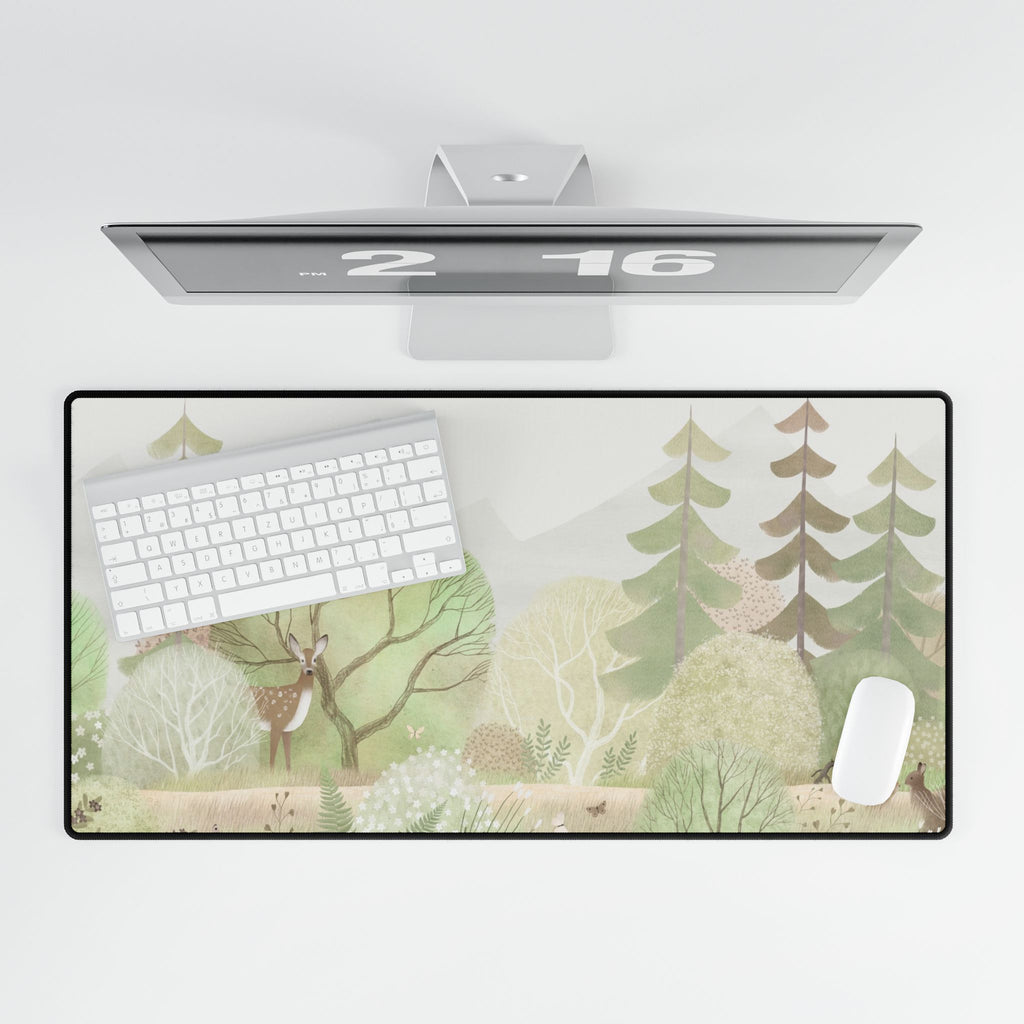 Desk setup with a nature-themed mouse pad, keyboard, and computer monitor on a white background.