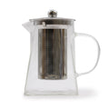 Clear glass teapot with metal infuser on a white background