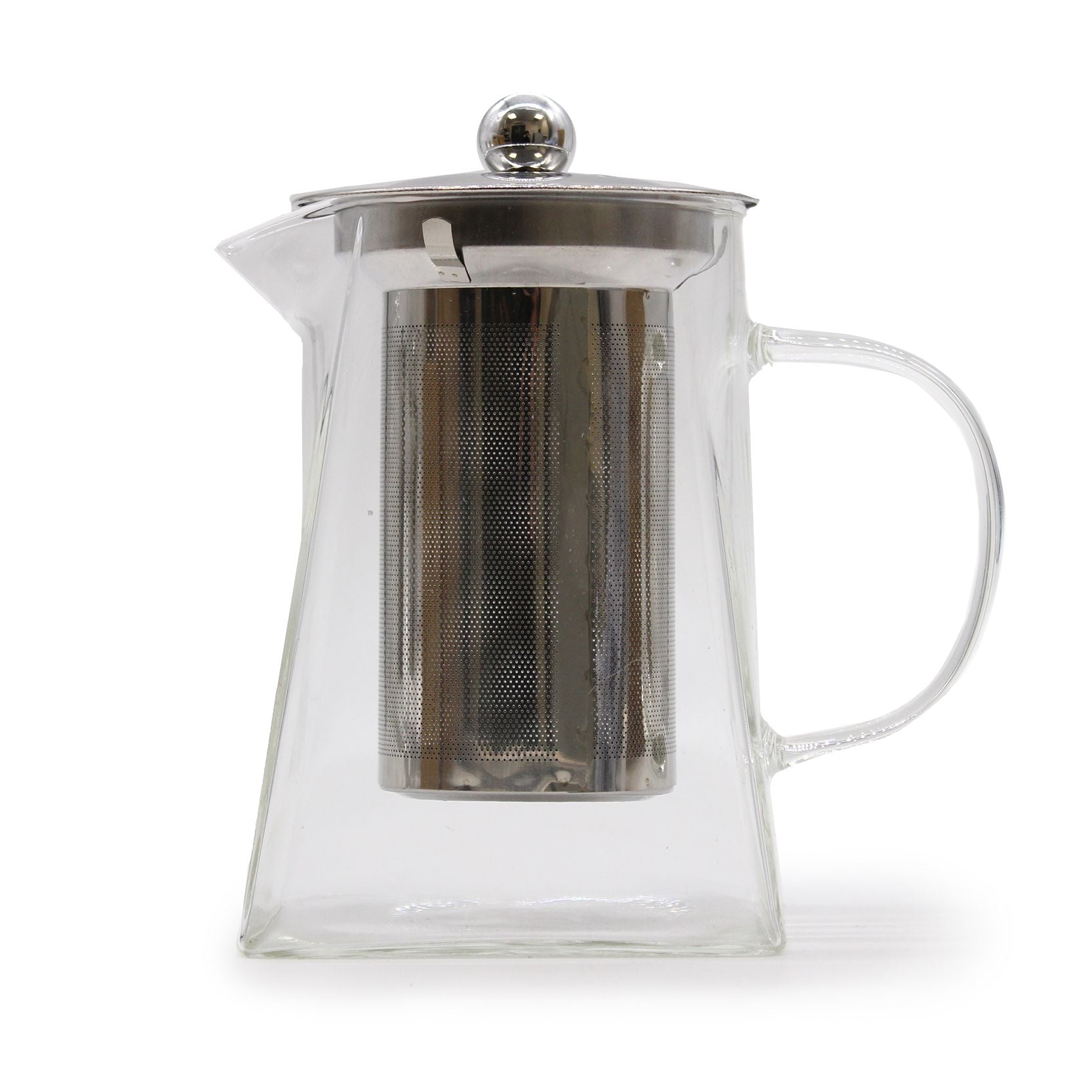Clear glass teapot with metal infuser on a white background