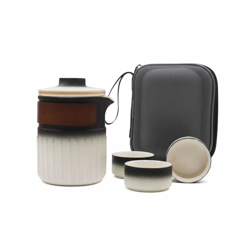 Travel Ceramic Teapot Set - Travel Pack featuring stylish teapot and three cups in a compact travel case.