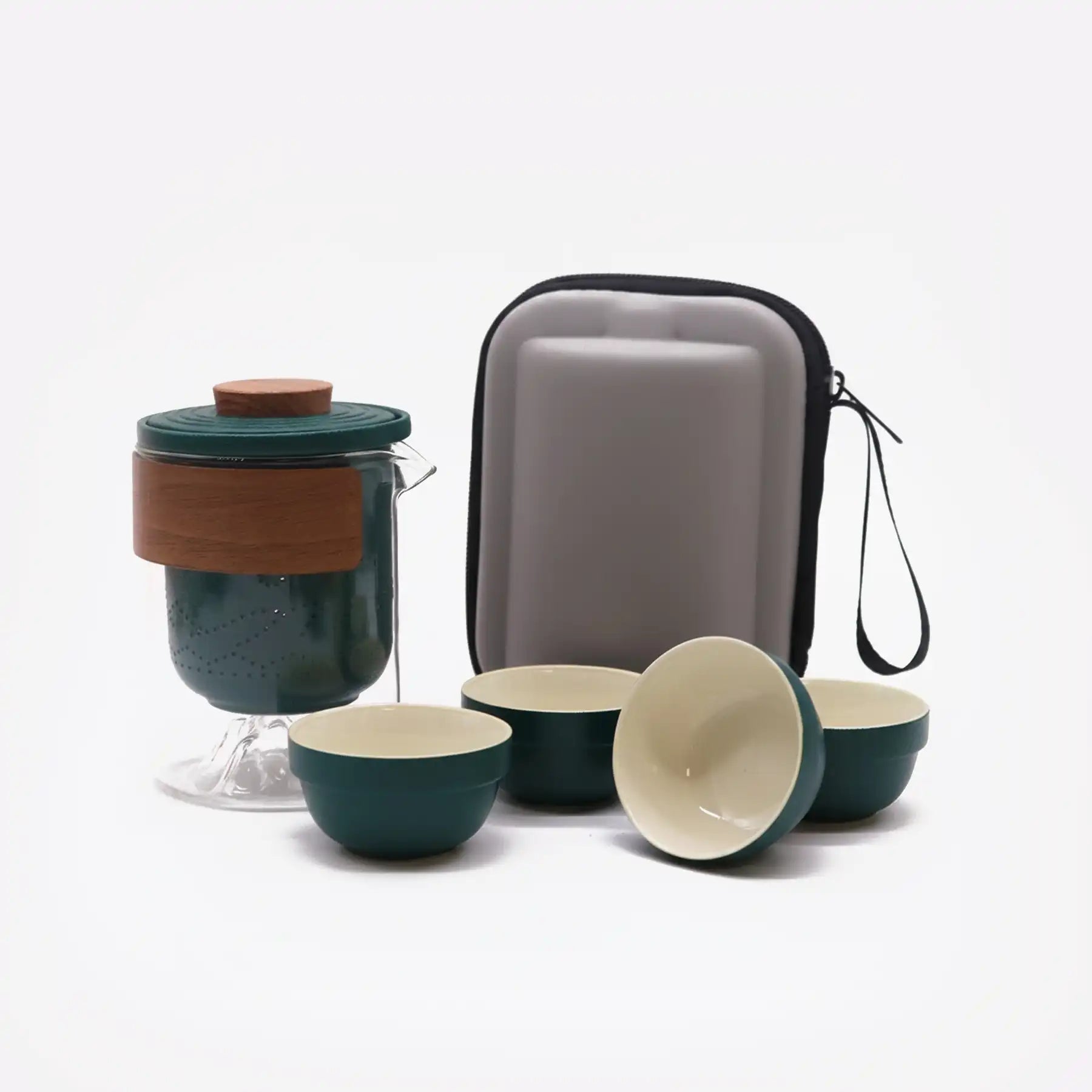 Travel Mountain Teapot Set with 4 Cups - Travel Pack, complete with teapot, four cups, and travel case.