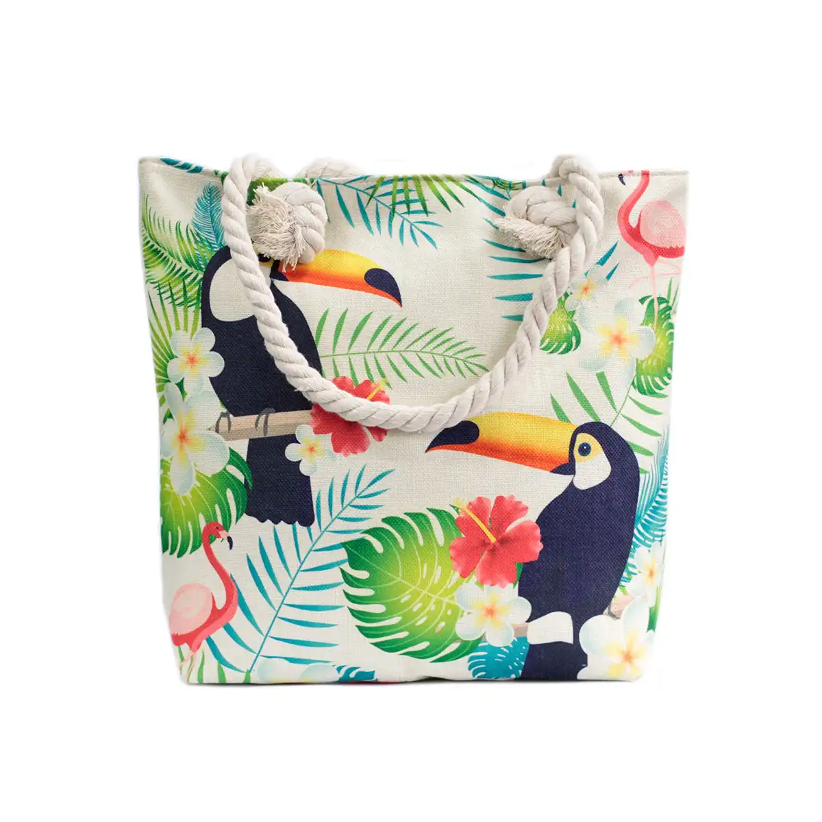 Tropical Toucan Tough Rope Handle Tote Bag with toucan and floral design on a white background